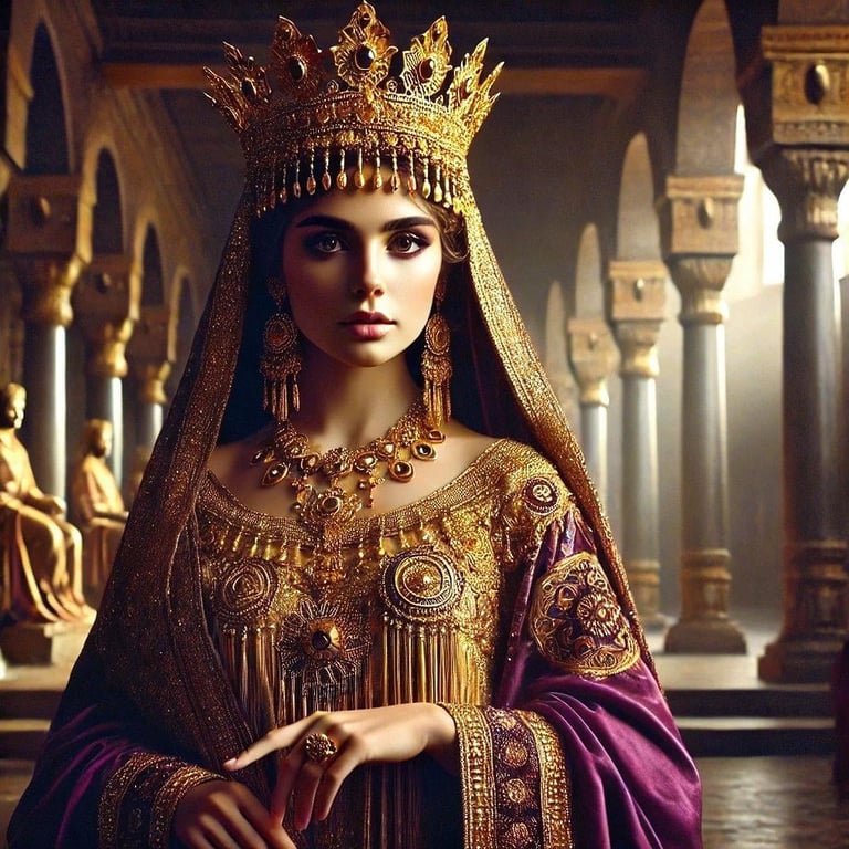 Woman in ornate Egyptian-style royal regalia with gold crown, jeweled collar, and purple dress stands in ancient temple.