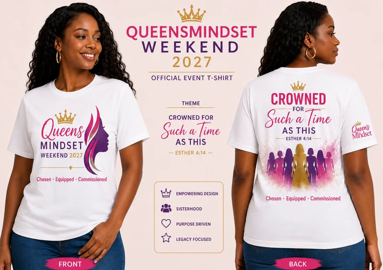 White t-shirt design for Queensmindset Weekend 2027 showing front and back with purple crown and text graphics