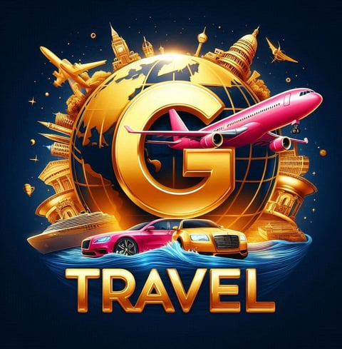 Golden letter G surrounded by travel icons including airplane, cars, cruise ship, and landmarks, with TRAVEL text below