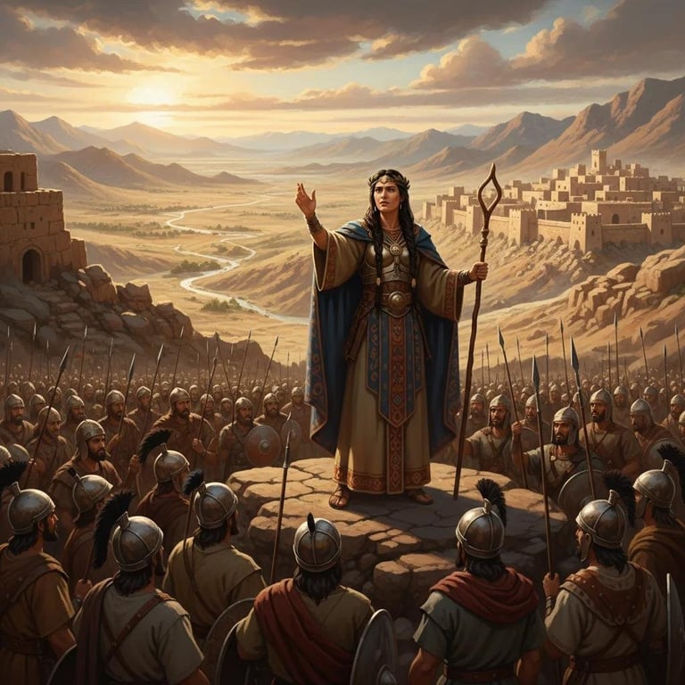 A female leader in ornate robes addresses an assembled army from a raised platform overlooking a desert valley with ancient fortified cities and mountains.