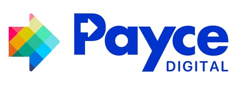 Payce Digital logo featuring a colorful arrow icon in pink, orange, yellow, cyan, and blue next to blue text