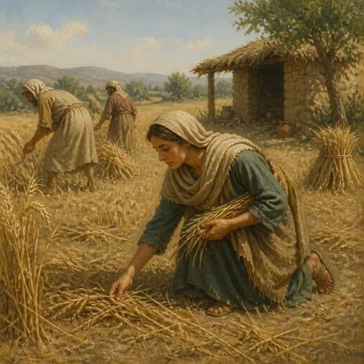 Woman harvesting wheat in a rural field with other workers and a stone cottage in the background