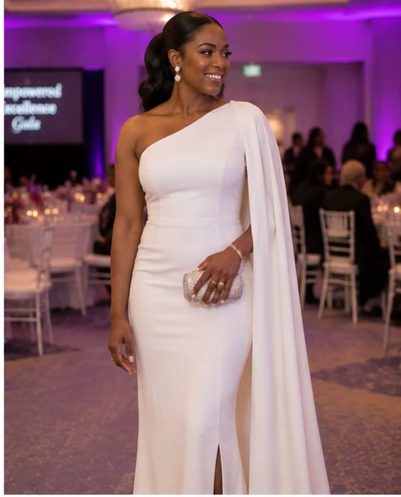 Woman in elegant white one-shoulder gown with draped sleeve at formal event with purple ambient lighting