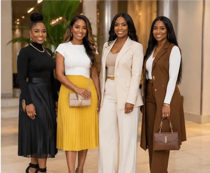 Four women standing together in elegant, formal attire indoors with neutral tones and a green plant visible in background