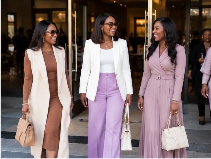 Three women walking together in stylish outfits featuring blazers and coordinated neutral and pastel tones outside an upscale venue