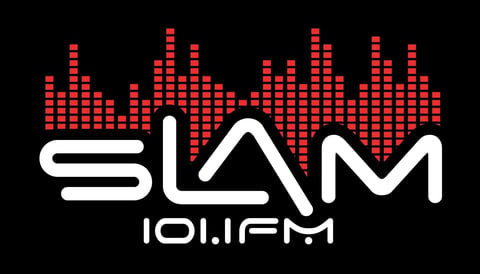 SLAM 101.1 FM radio station logo with stylized text and red digital equalizer bars on black background